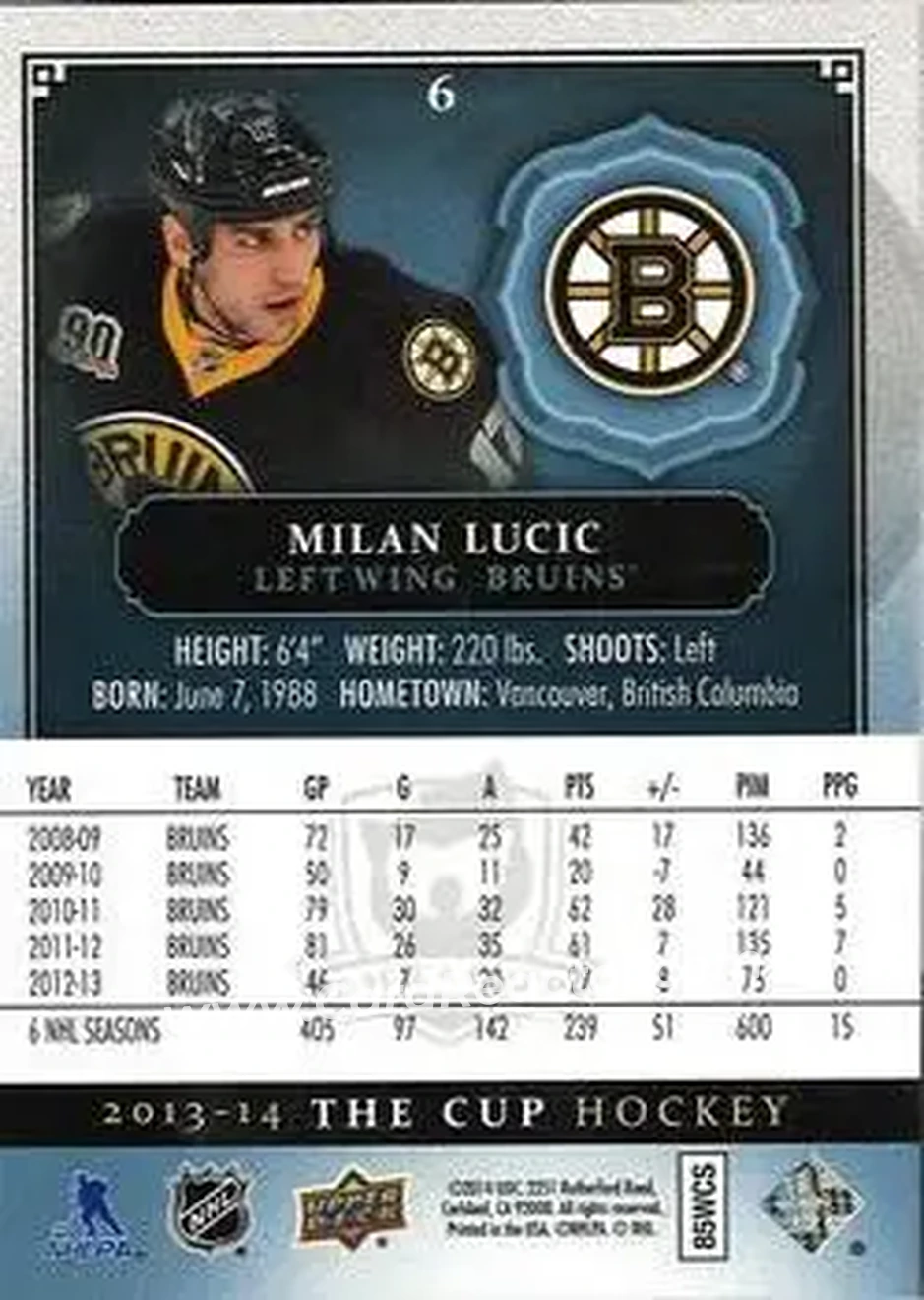 2013-14 Upper Deck The Cup #6 - Milan Lucic - Boston Bruins - Back