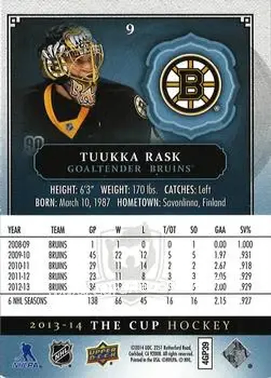 2013-14 Upper Deck The Cup #9 - Tuukka Rask - Boston Bruins - Back
