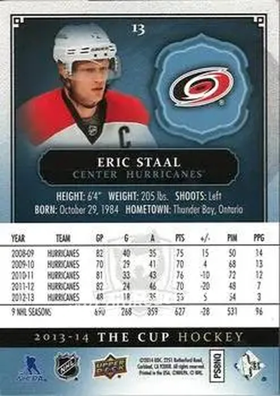 2013-14 Upper Deck The Cup #13 - Eric Staal - Carolina Hurricanes - Back
