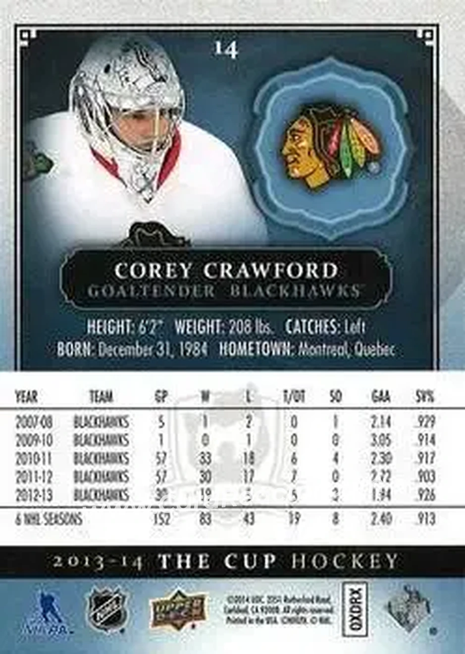 2013-14 Upper Deck The Cup #14 - Corey Crawford - Chicago Blackhawks - Back