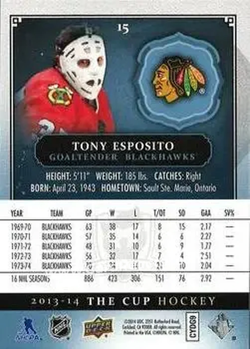2013-14 Upper Deck The Cup #15 - Tony Esposito - Chicago Blackhawks - Back