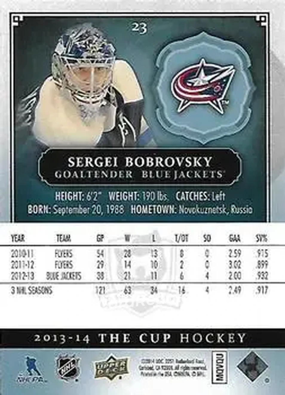 2013-14 Upper Deck The Cup #23 - Sergei Bobrovsky - Columbus Blue Jackets - Back