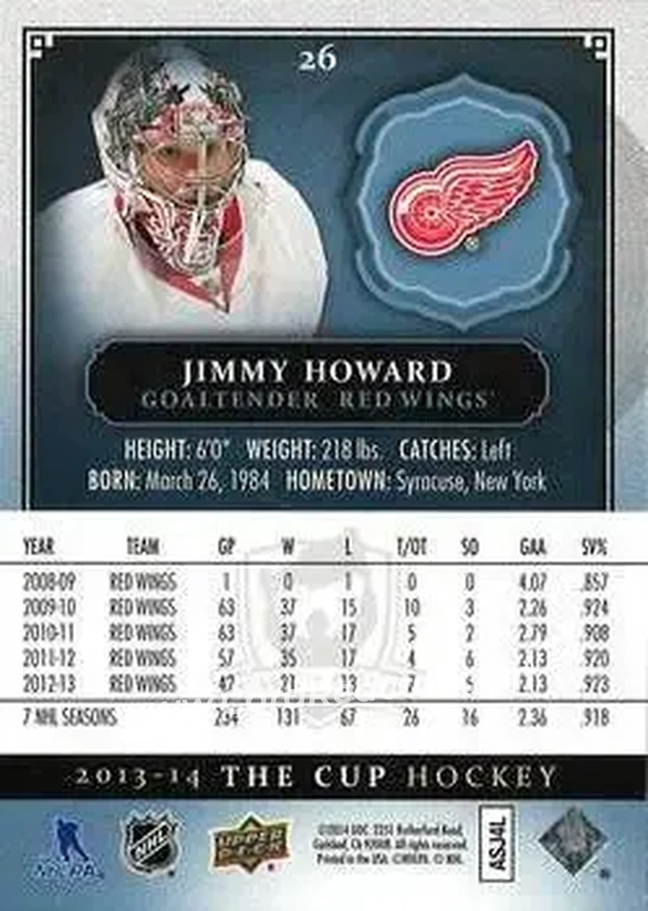2013-14 Upper Deck The Cup #26 - Jimmy Howard - Detroit Red Wings - Back