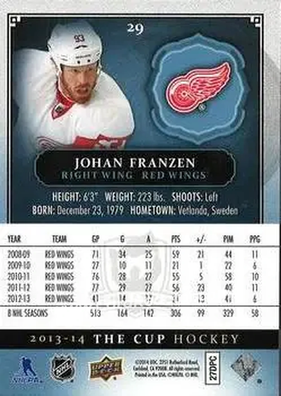 2013-14 Upper Deck The Cup #29 - Johan Franzen - Detroit Red Wings - Back 2013-14 Upper Deck The Cup #29 - Johan Franzen - Detroit Red Wings - Back
