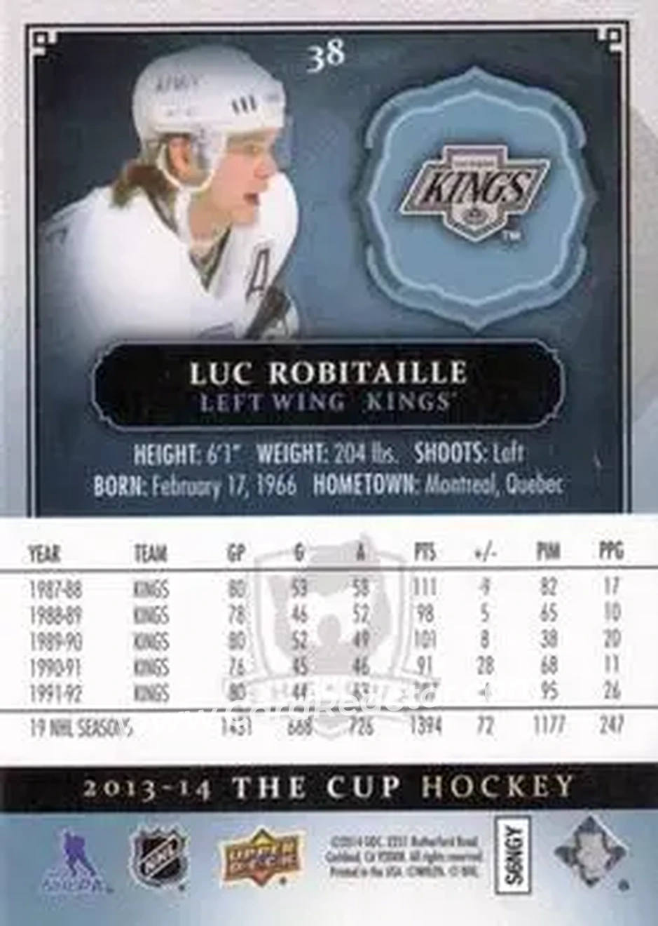 2013-14 Upper Deck The Cup #38 - Luc Robitaille - Los Angeles Kings - Back
