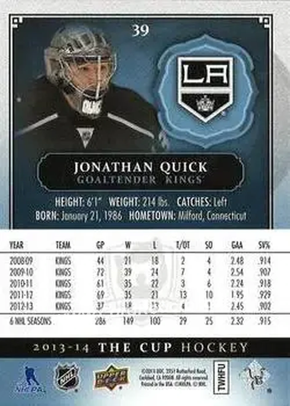 2013-14 Upper Deck The Cup #39 - Jonathan Quick - Los Angeles Kings - Back