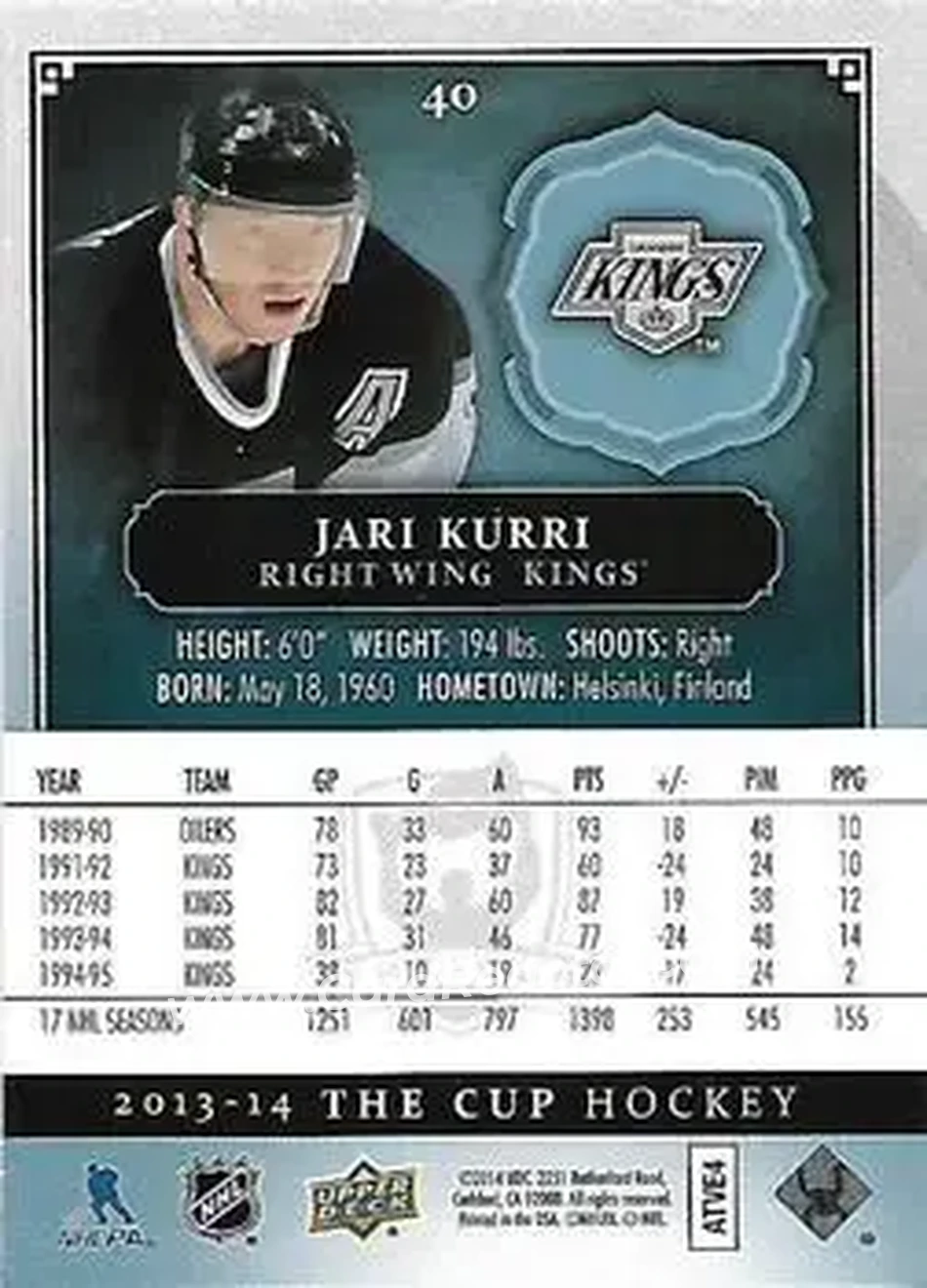 2013-14 Upper Deck The Cup #40 - Jari Kurri - Los Angeles Kings - Back 2013-14 Upper Deck The Cup #40 - Jari Kurri - Los Angeles Kings - Back