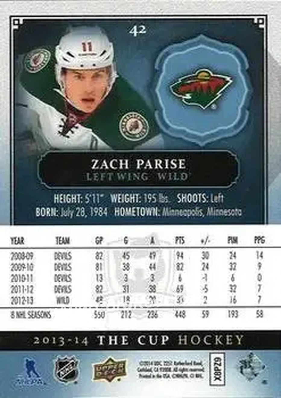 2013-14 Upper Deck The Cup #42 - Zach Parise - Minnesota Wild - Back