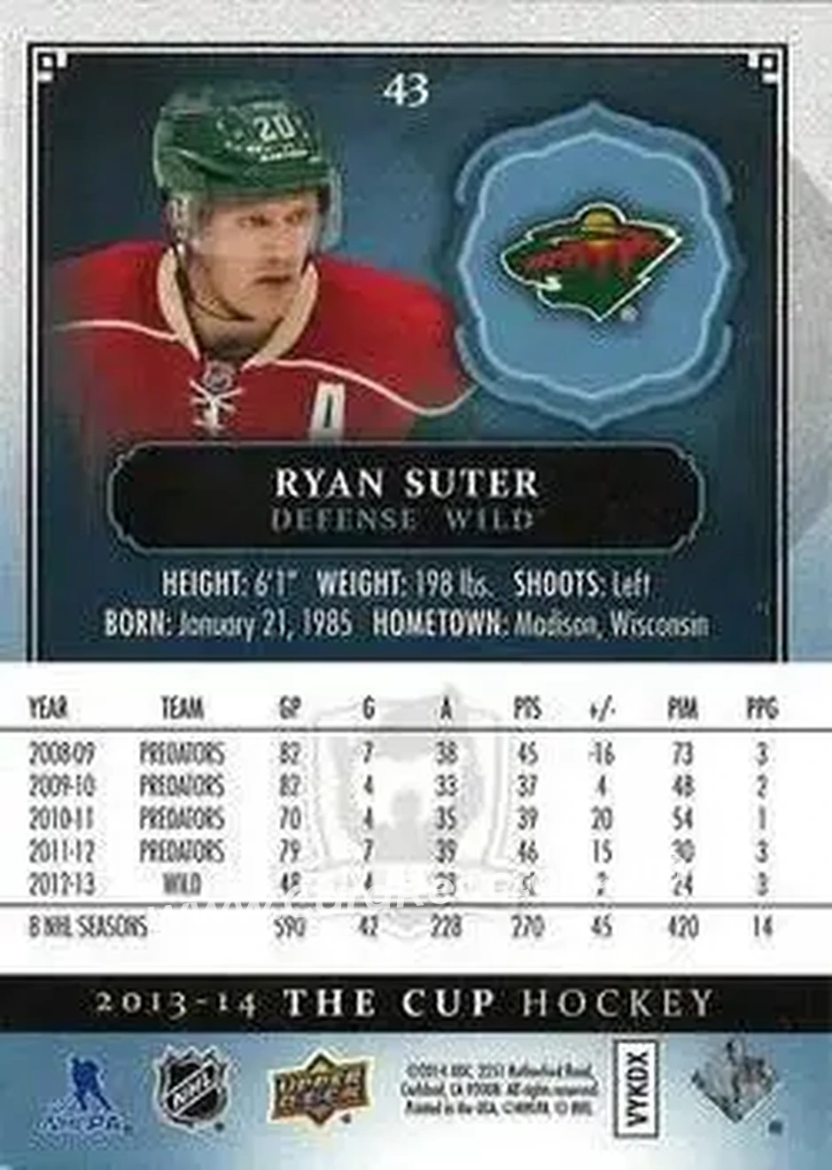 2013-14 Upper Deck The Cup #43 - Ryan Suter - Minnesota Wild - Back