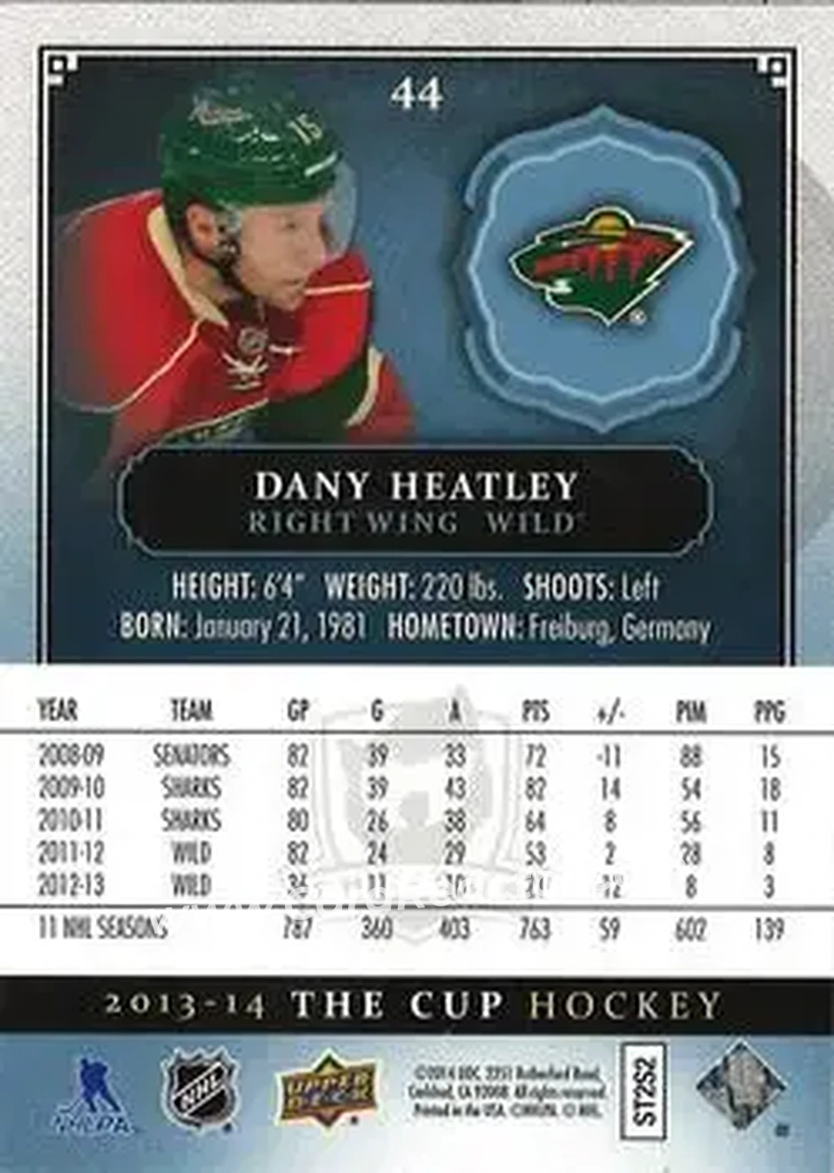 2013-14 Upper Deck The Cup #44 - Dany Heatley - Minnesota Wild - Back