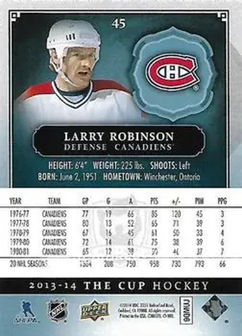 2013-14 Upper Deck The Cup #45 - Larry Robinson - Montreal Canadiens - Back