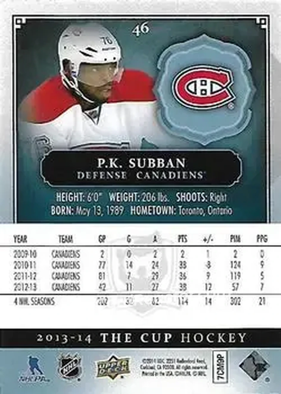 2013-14 Upper Deck The Cup #46 - P.K. Subban - Montreal Canadiens - Back