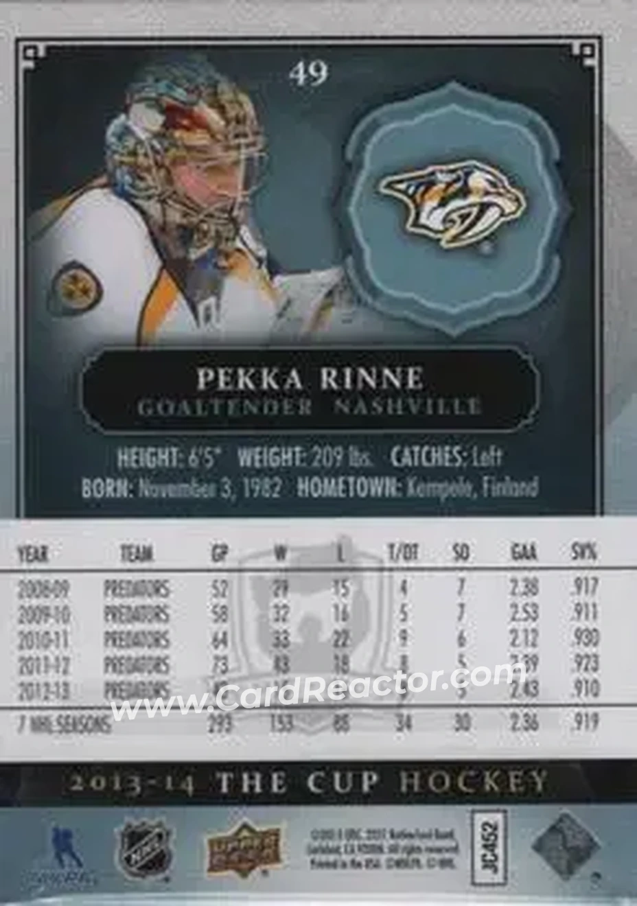 2013-14 Upper Deck The Cup #49 - Pekka Rinne - Nashville Predators - Back