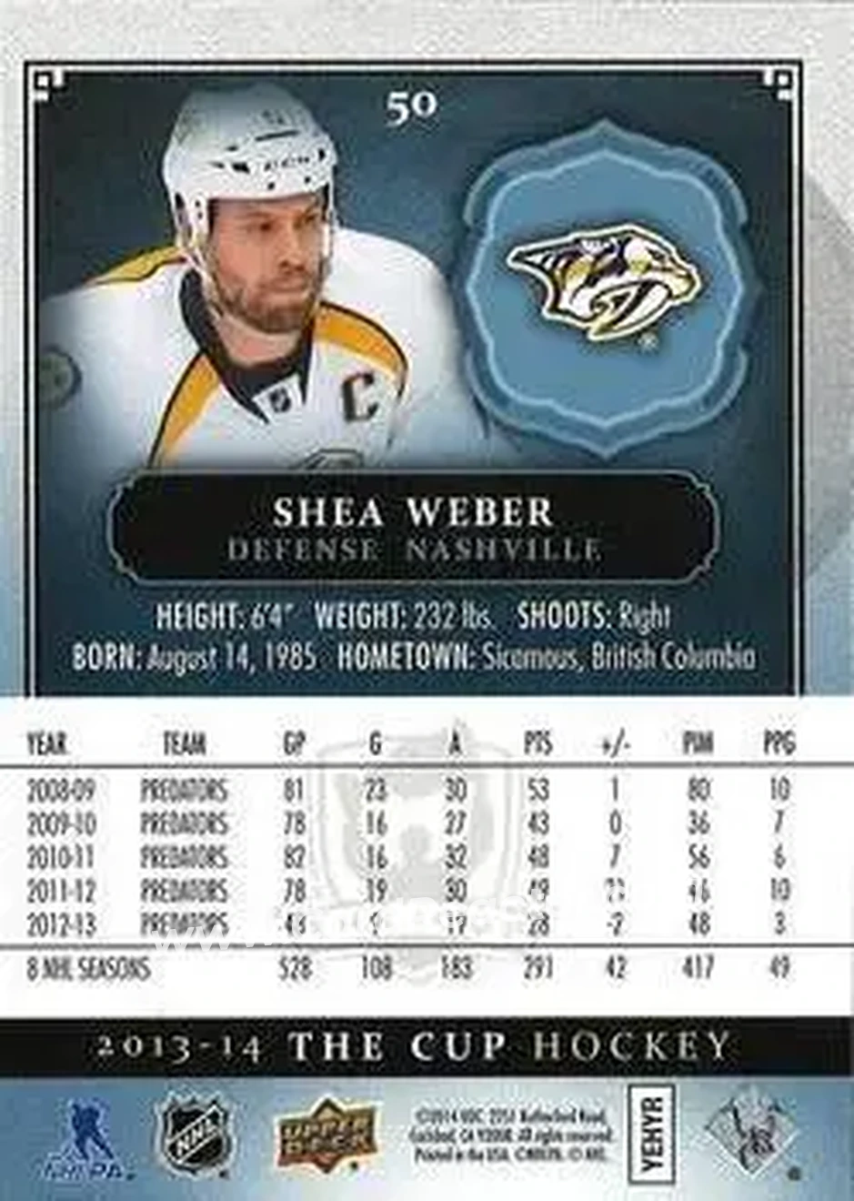 2013-14 Upper Deck The Cup #50 - Shea Weber - Nashville Predators - Back 2013-14 Upper Deck The Cup #50 - Shea Weber - Nashville Predators - Back