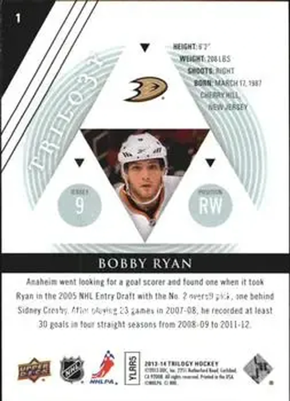 2013-14 Upper Deck Trilogy #1 - Bobby Ryan - Anaheim Ducks - Back