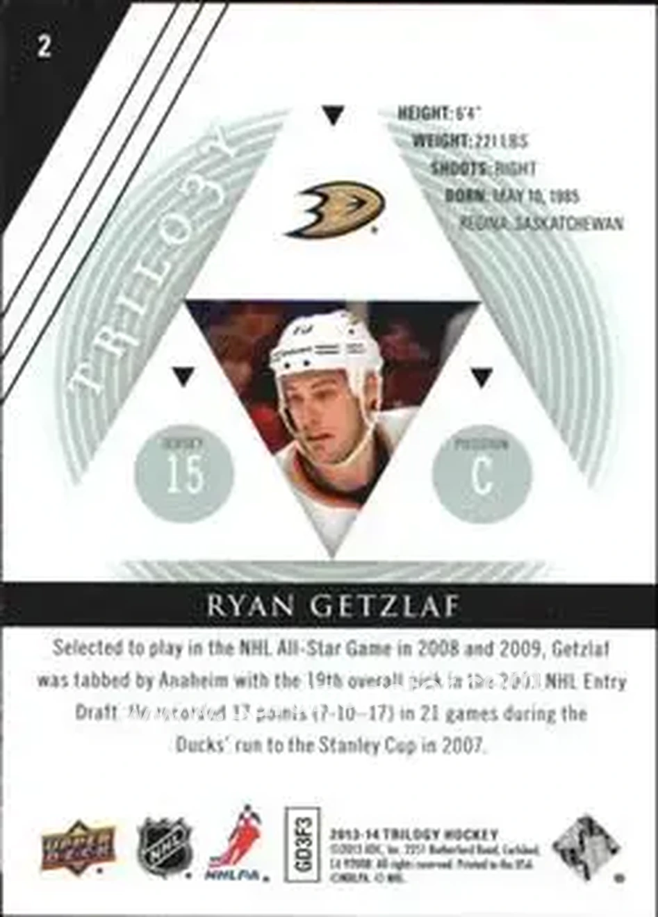 2013-14 Upper Deck Trilogy #2 - Ryan Getzlaf - Anaheim Ducks - Back