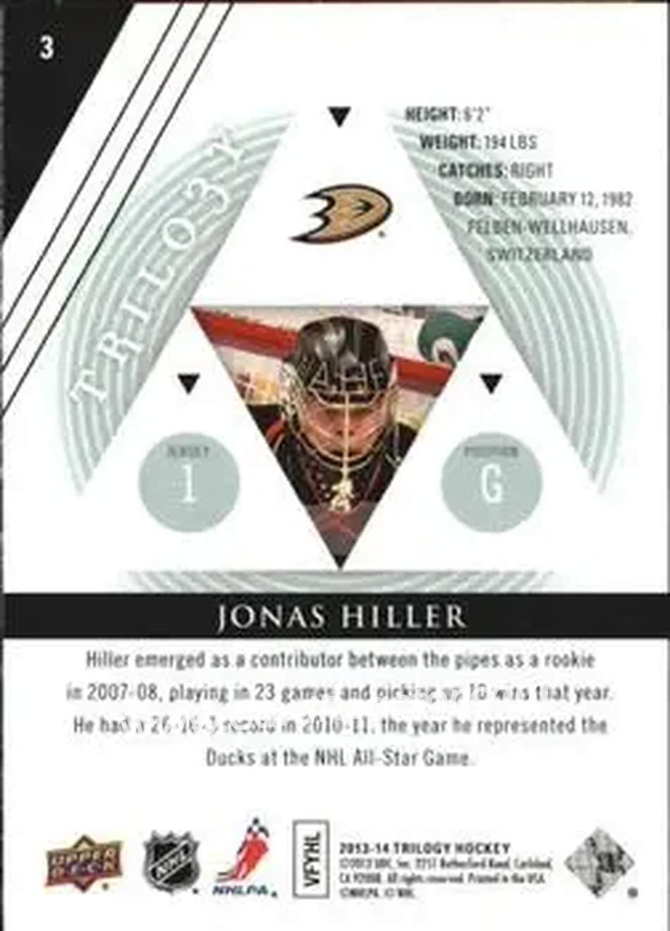 2013-14 Upper Deck Trilogy #3 - Jonas Hiller - Anaheim Ducks - Back