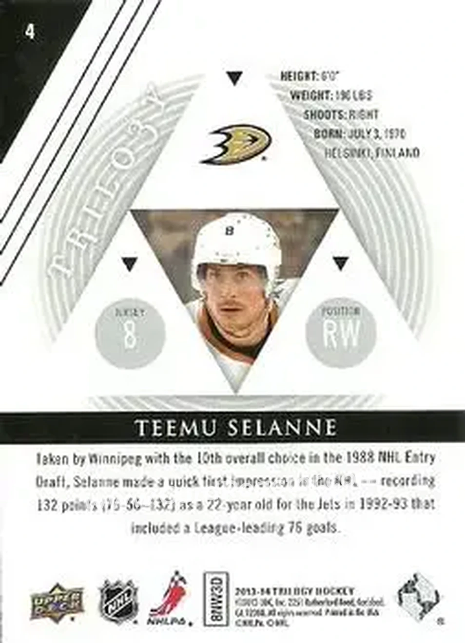 2013-14 Upper Deck Trilogy #4 - Teemu Selanne - Anaheim Ducks - Back 2013-14 Upper Deck Trilogy #4 - Teemu Selanne - Anaheim Ducks - Back