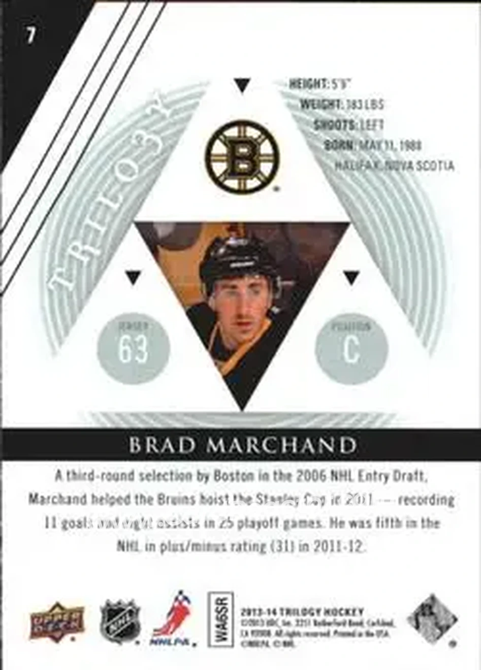 2013-14 Upper Deck Trilogy #7 - Brad Marchand - Boston Bruins - Back