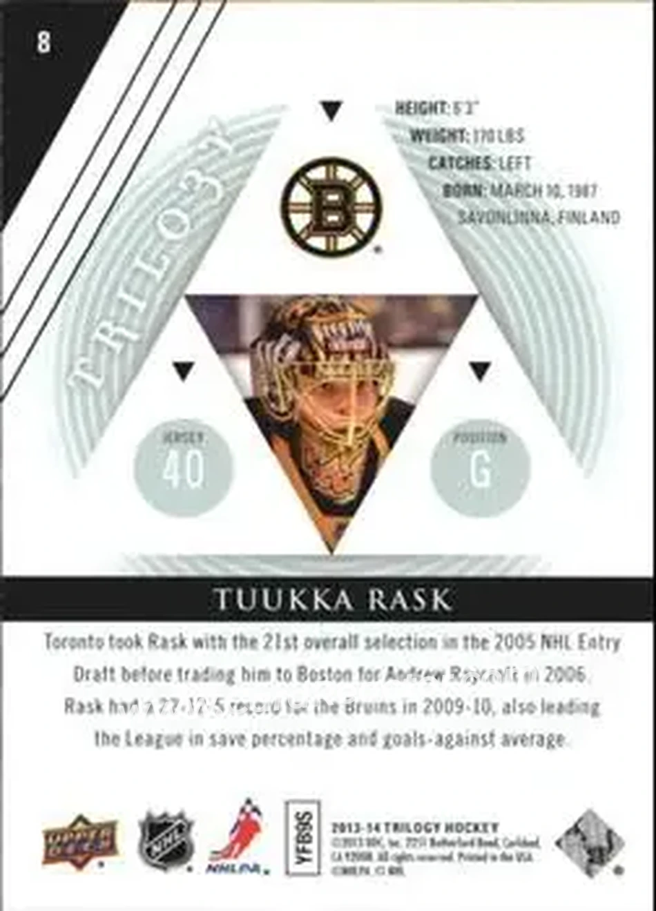 2013-14 Upper Deck Trilogy #8 - Tuukka Rask - Boston Bruins - Back