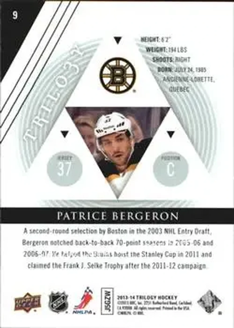 2013-14 Upper Deck Trilogy #9 - Patrice Bergeron - Boston Bruins - Back