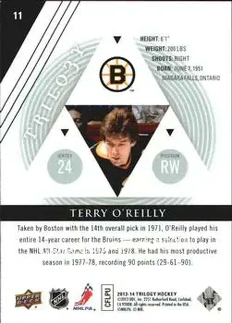 2013-14 Upper Deck Trilogy #11 - Terry O'Reilly - Boston Bruins - Back 2013-14 Upper Deck Trilogy #11 - Terry O'Reilly - Boston Bruins - Back