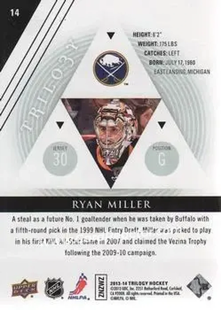 2013-14 Upper Deck Trilogy #14 - Ryan Miller - Buffalo Sabres - Back