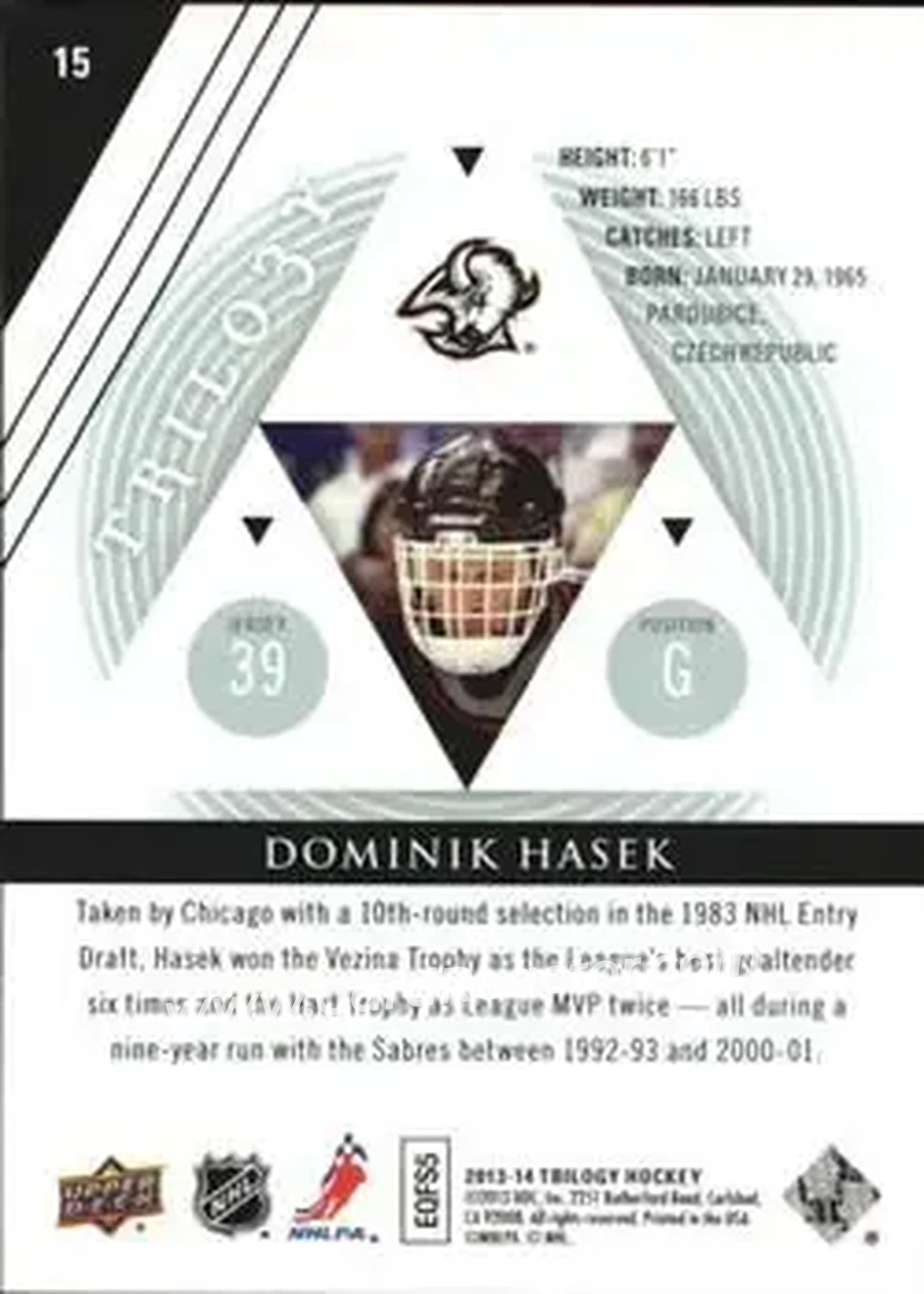 2013-14 Upper Deck Trilogy #15 - Dominik Hasek - Buffalo Sabres - Back