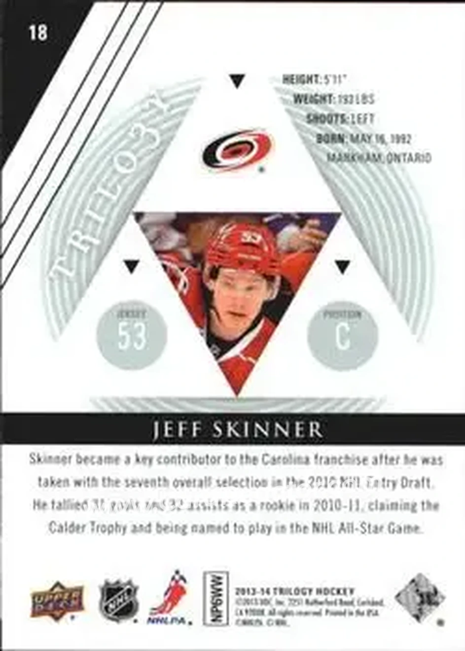 2013-14 Upper Deck Trilogy #18 - Jeff Skinner - Carolina Hurricanes - Back