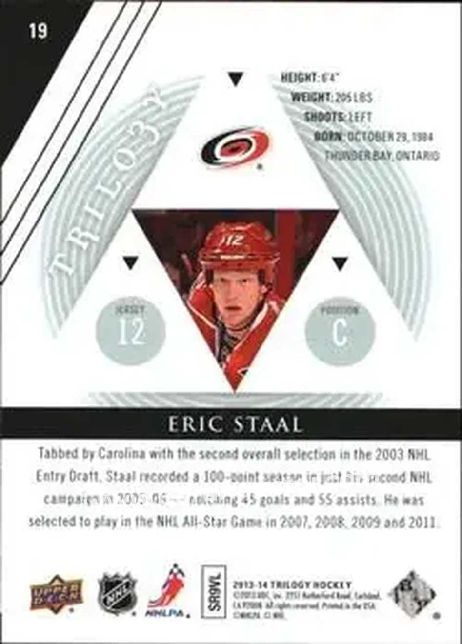 2013-14 Upper Deck Trilogy #19 - Eric Staal - Carolina Hurricanes - Back