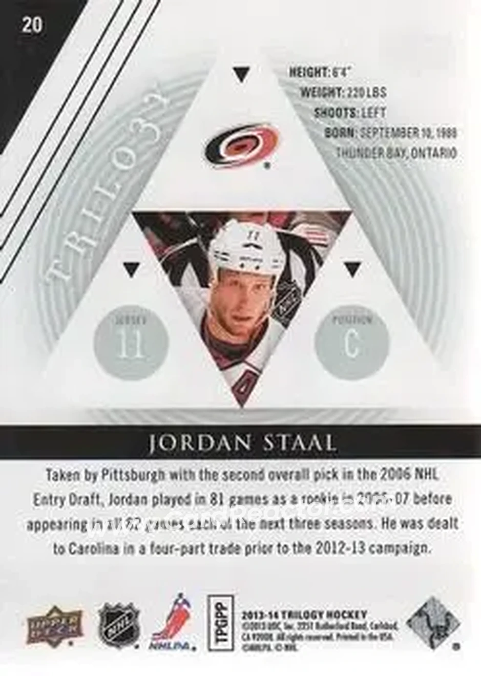 2013-14 Upper Deck Trilogy #20 - Jordan Staal - Carolina Hurricanes - Back