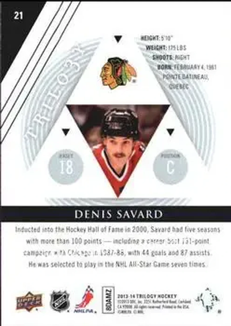 2013-14 Upper Deck Trilogy #21 - Denis Savard - Chicago Blackhawks - Back