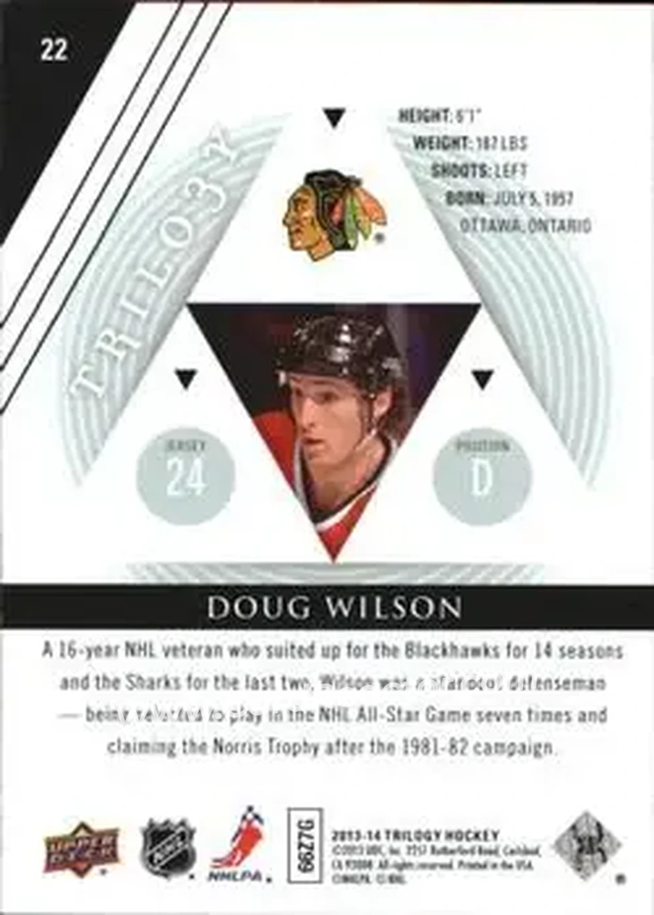 2013-14 Upper Deck Trilogy #22 - Doug Wilson - Chicago Blackhawks - Back 2013-14 Upper Deck Trilogy #22 - Doug Wilson - Chicago Blackhawks - Back