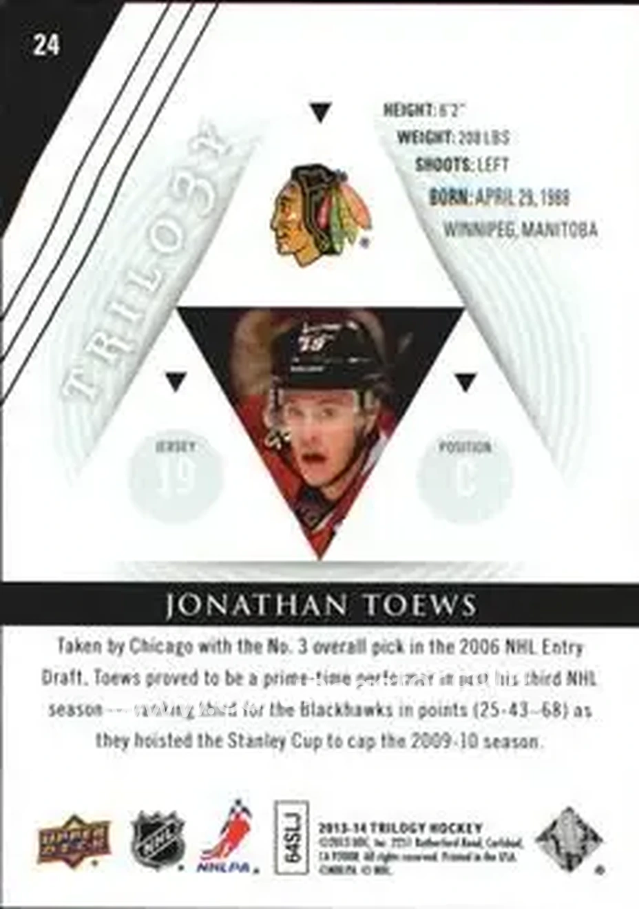 2013-14 Upper Deck Trilogy #24 - Jonathan Toews - Chicago Blackhawks - Back