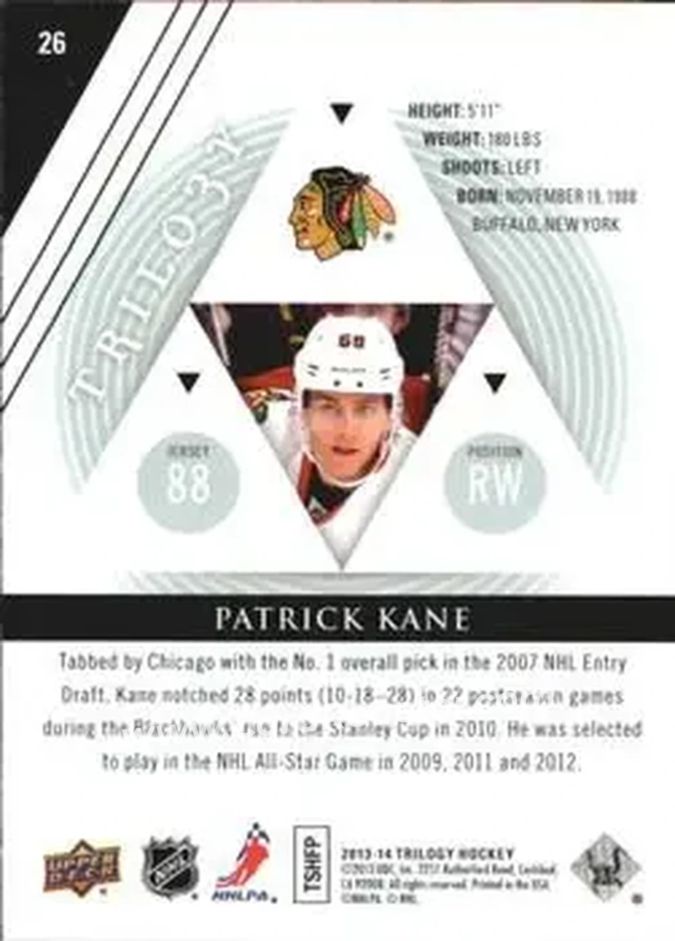 2013-14 Upper Deck Trilogy #26 - Patrick Kane - Chicago Blackhawks - Back
