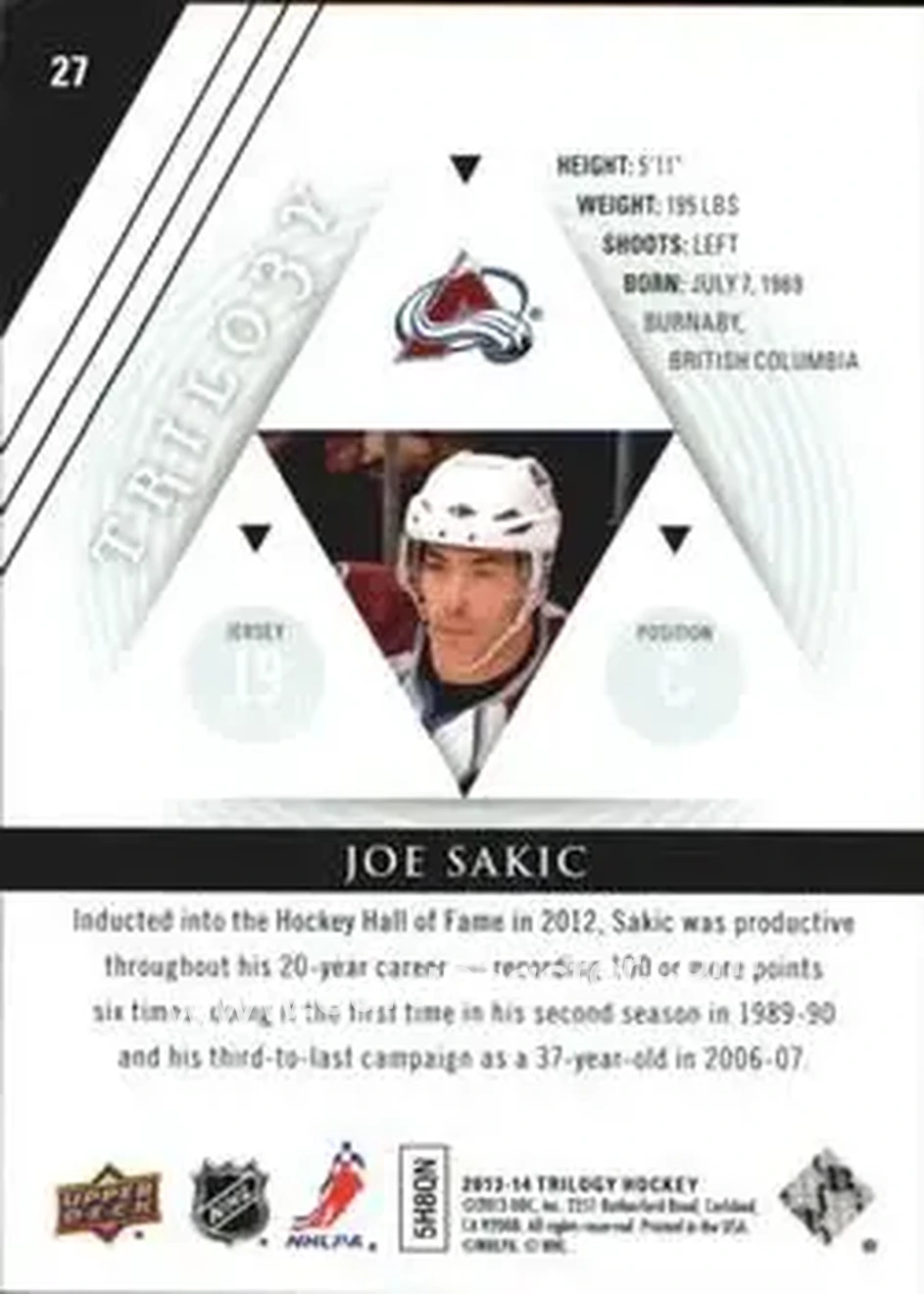 2013-14 Upper Deck Trilogy #27 - Joe Sakic - Colorado Avalanche - Back
