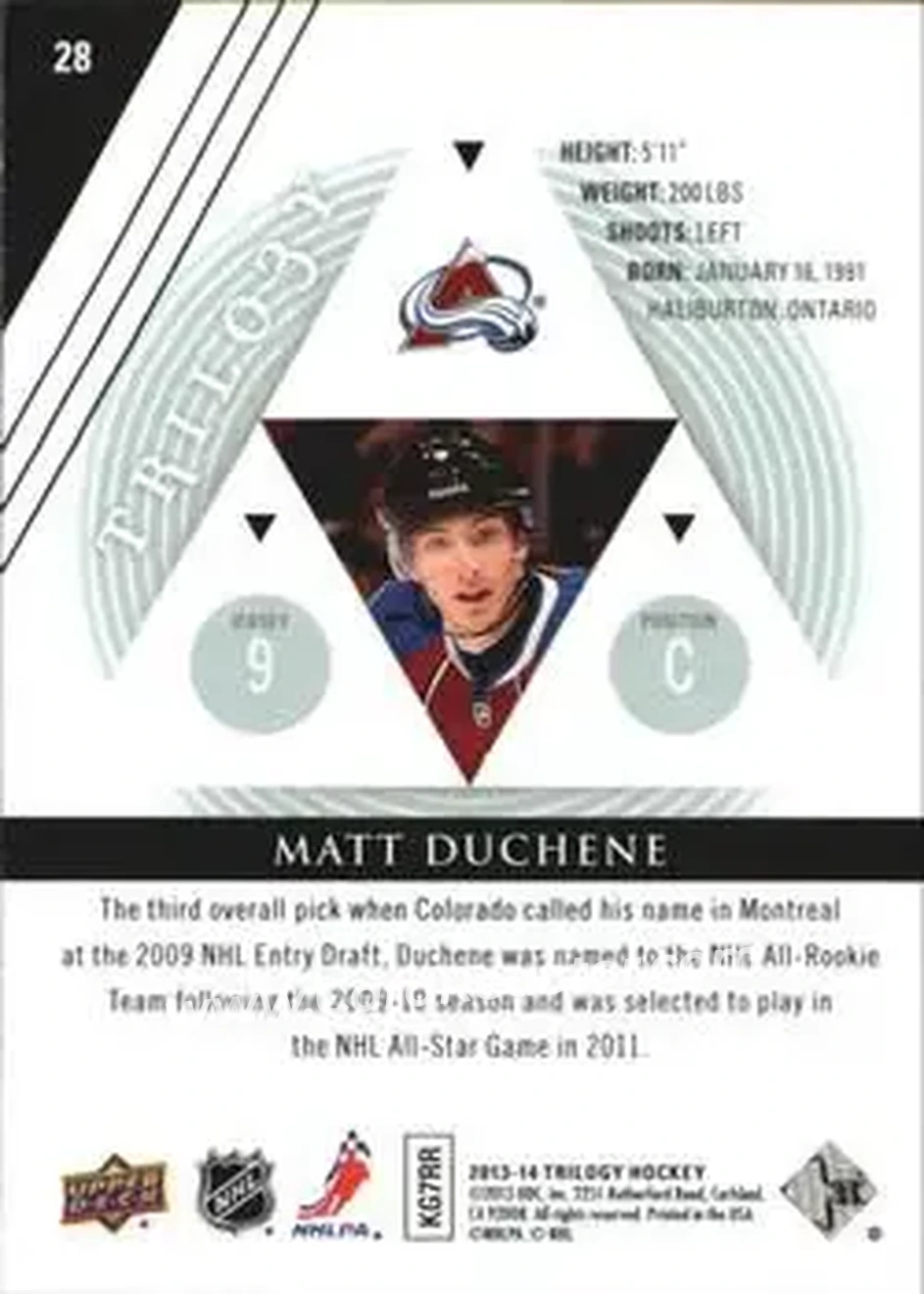 2013-14 Upper Deck Trilogy #28 - Matt Duchene - Colorado Avalanche - Back