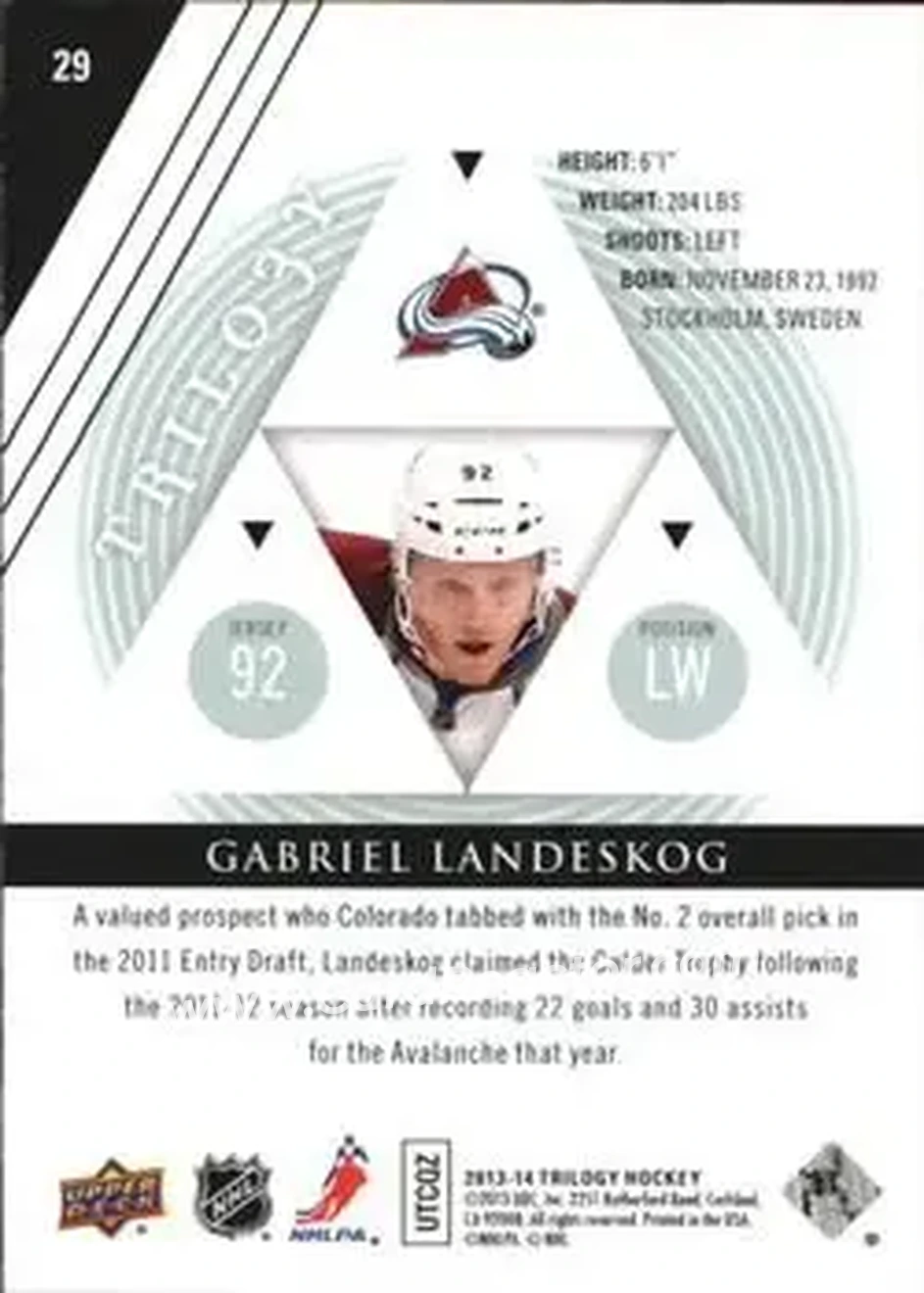 2013-14 Upper Deck Trilogy #29 - Gabriel Landeskog - Colorado Avalanche - Back