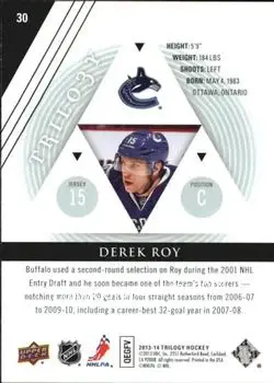 2013-14 Upper Deck Trilogy #30 - Derek Roy - Vancouver Canucks - Back