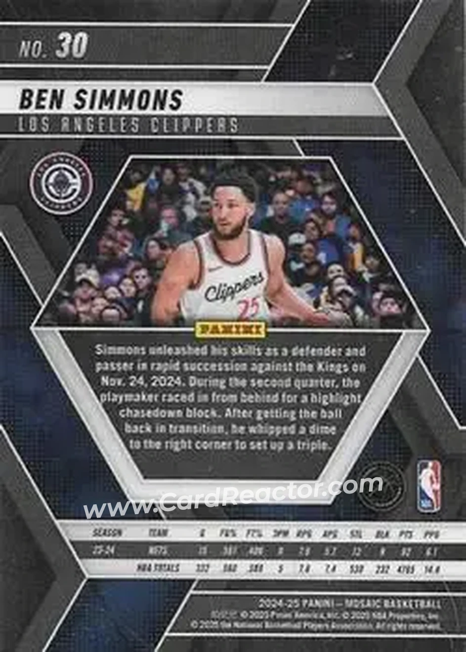 2024-25 Panini Mosaic #30 - Ben Simmons - Los Angeles Clippers - Back 2024-25 Panini Mosaic #30 - Ben Simmons - Los Angeles Clippers - Back