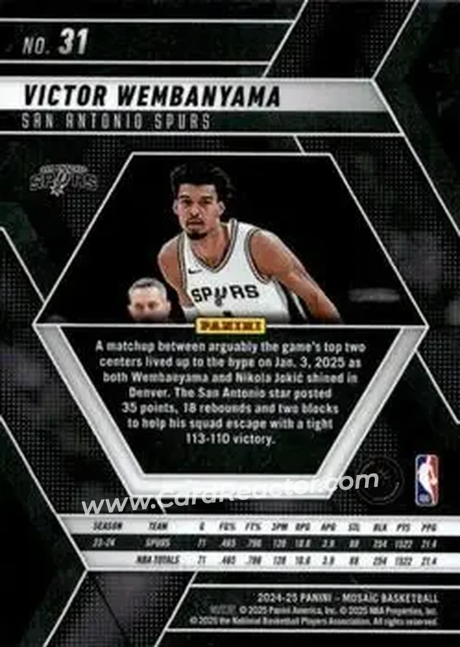 2024-25 Panini Mosaic #31 - Victor Wembanyama - San Antonio Spurs - Back