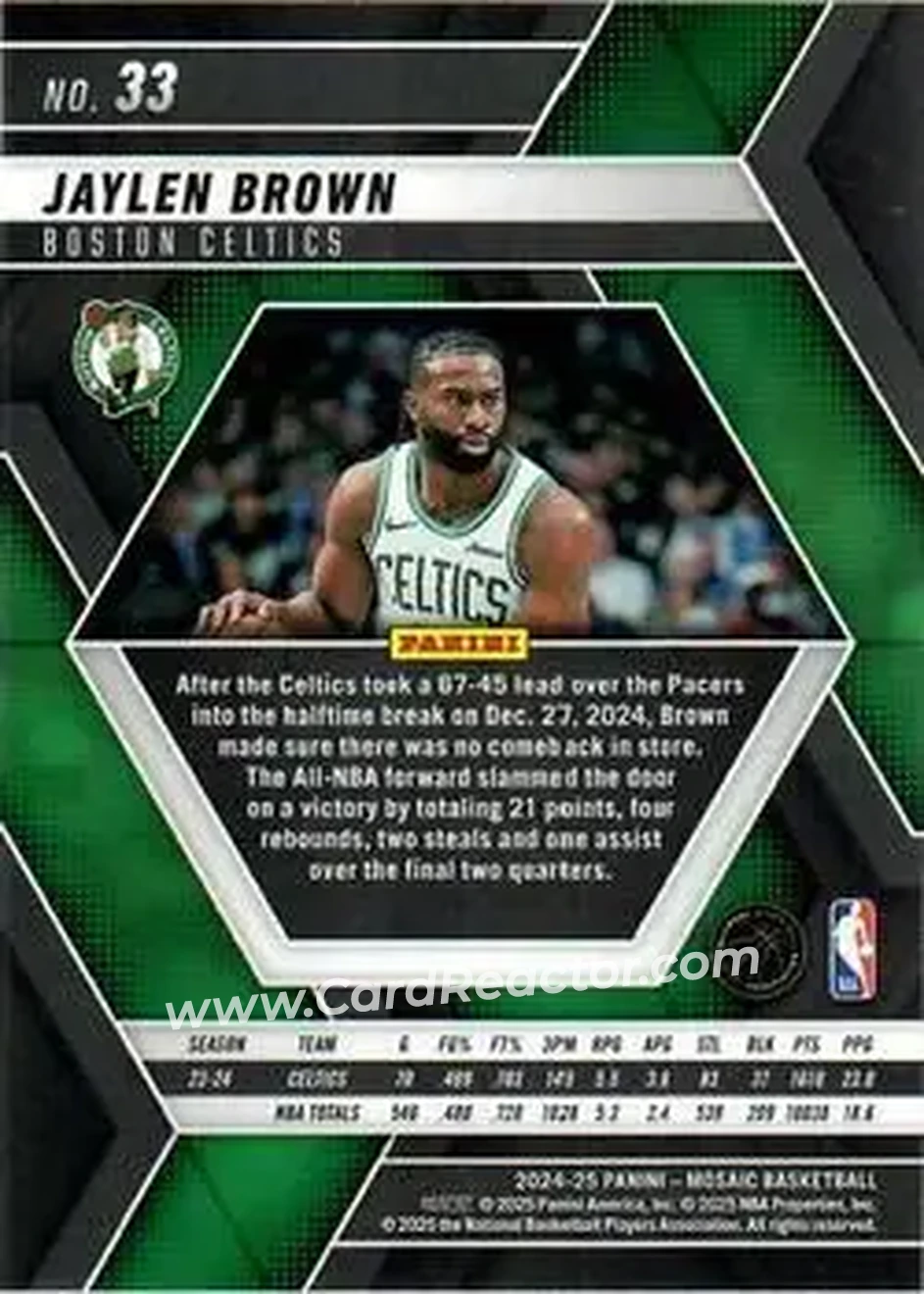 2024-25 Panini Mosaic #33 - Jaylen Brown - Boston Celtics - Back 2024-25 Panini Mosaic #33 - Jaylen Brown - Boston Celtics - Back