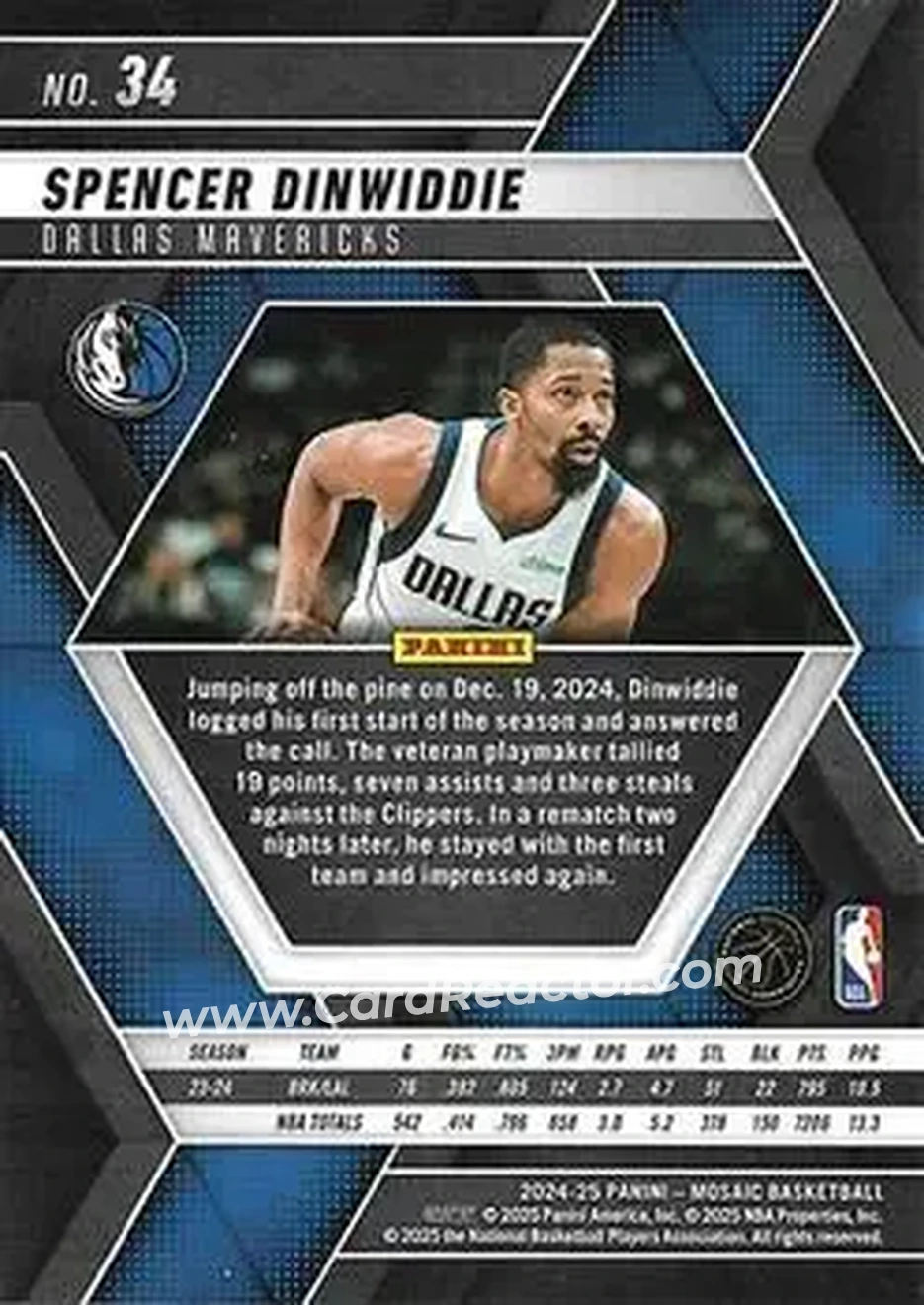 2024-25 Panini Mosaic #34 - Spencer Dinwiddie - Dallas Mavericks - Back