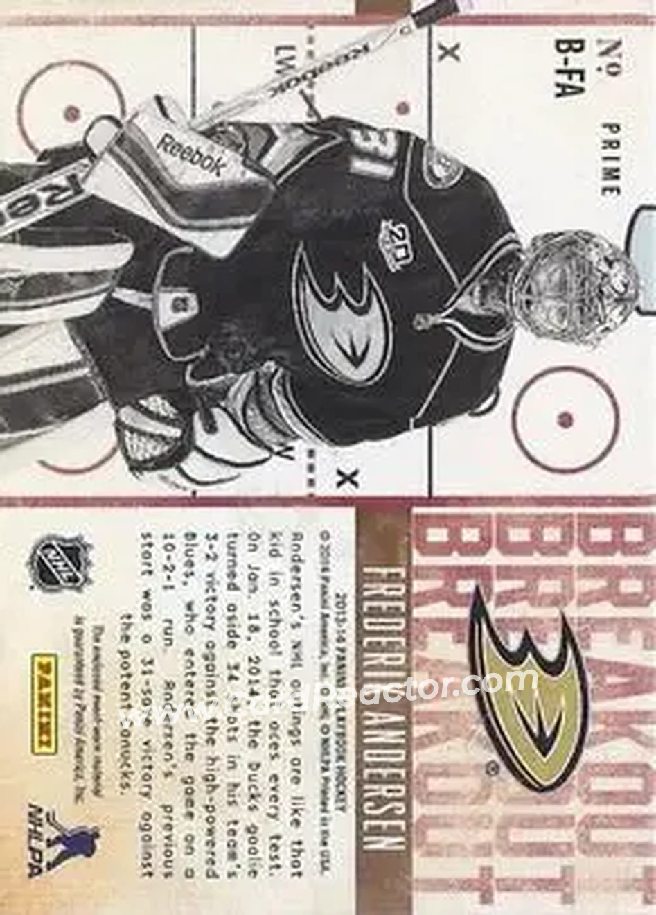 2013-14 Panini Playbook - Breakout Prime #B-FA - Frederik Andersen - Anaheim Ducks - Back 2013-14 Panini Playbook - Breakout Prime #B-FA - Frederik Andersen - Anaheim Ducks - Back