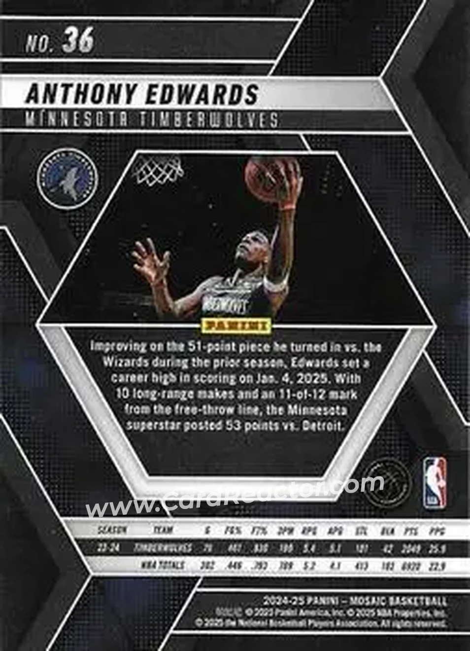 2024-25 Panini Mosaic #36 - Anthony Edwards - Minnesota Timberwolves - Back 2024-25 Panini Mosaic #36 - Anthony Edwards - Minnesota Timberwolves - Back