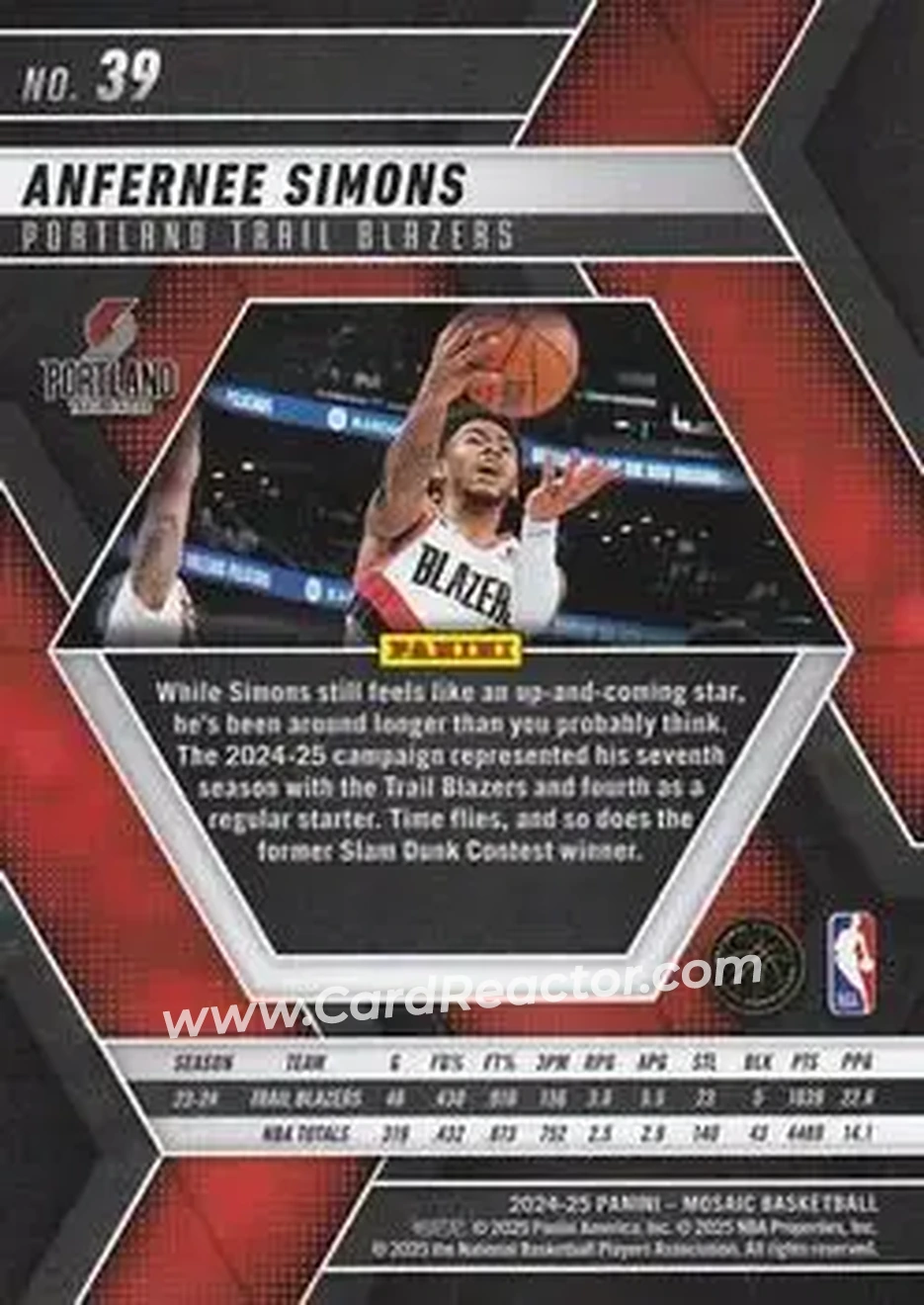 2024-25 Panini Mosaic #39 - Anfernee Simons - Portland Trail Blazers - Back 2024-25 Panini Mosaic #39 - Anfernee Simons - Portland Trail Blazers - Back