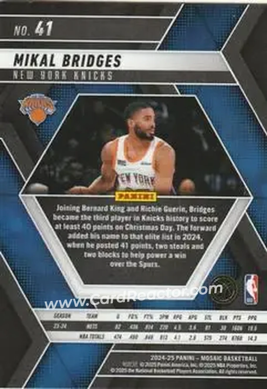 2024-25 Panini Mosaic #41 - Mikal Bridges - New York Knicks - Back