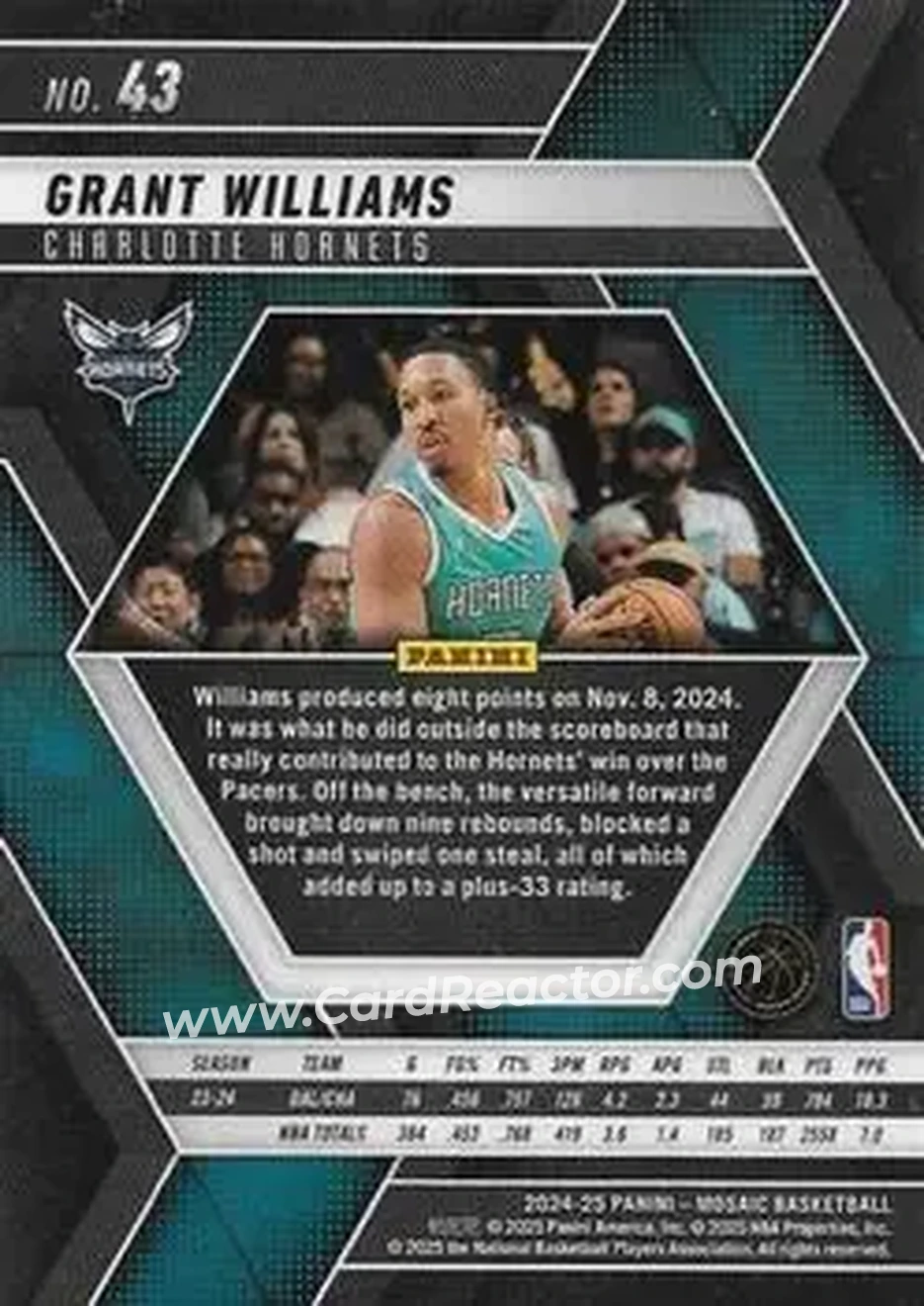 2024-25 Panini Mosaic #43 - Grant Williams - Charlotte Hornets - Back
