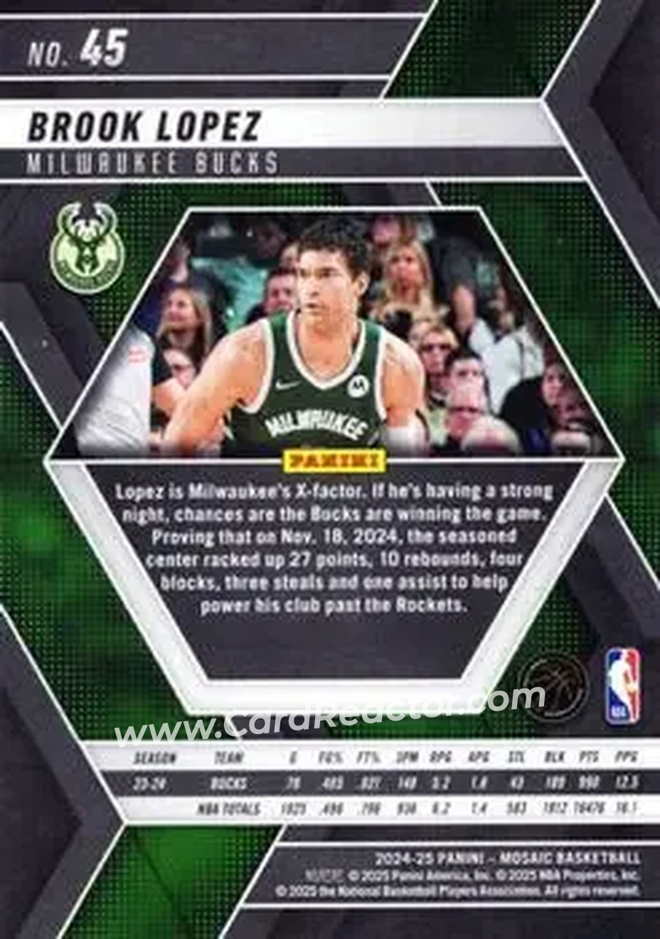 2024-25 Panini Mosaic #45 - Brook Lopez - Milwaukee Bucks - Back