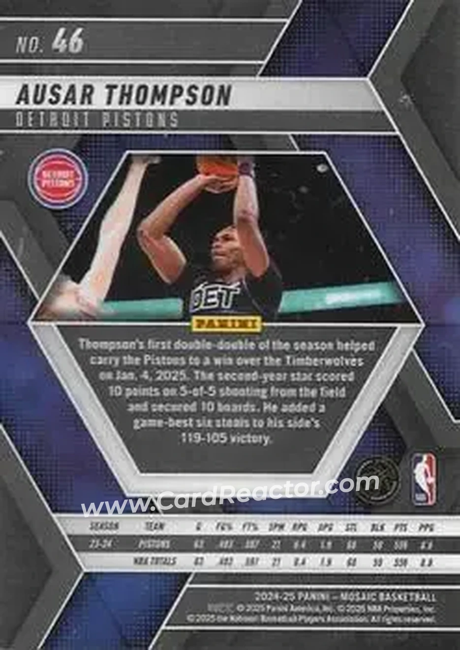 2024-25 Panini Mosaic #46 - Ausar Thompson - Detroit Pistons - Back 2024-25 Panini Mosaic #46 - Ausar Thompson - Detroit Pistons - Back